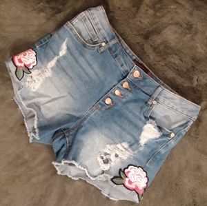No Bounderies Floral Button Front Midrise Stretch Denim Shorts